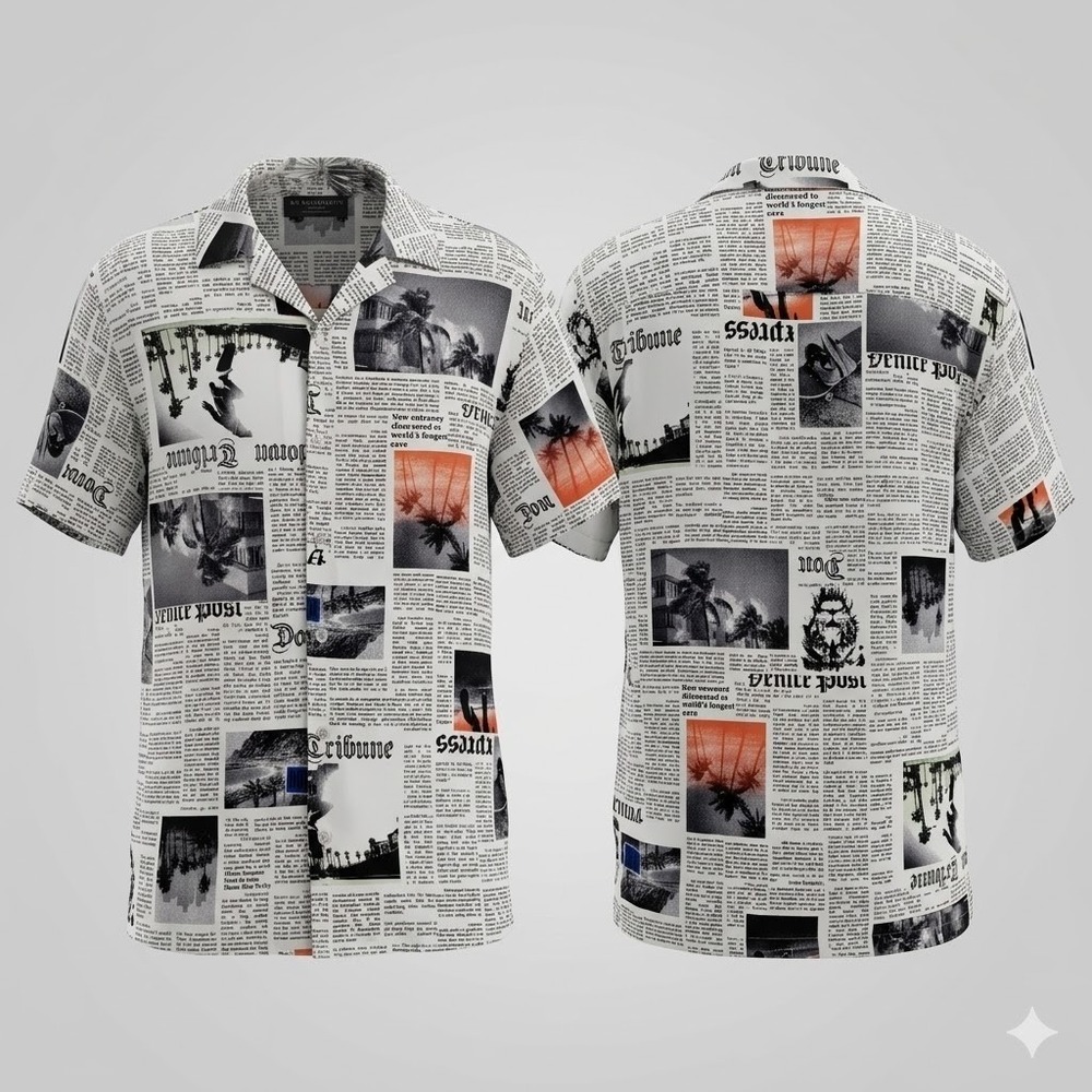 No Boundaries Shirt M Newspaper Print Rayon Streetwear Modern Retro Edgy EUC
